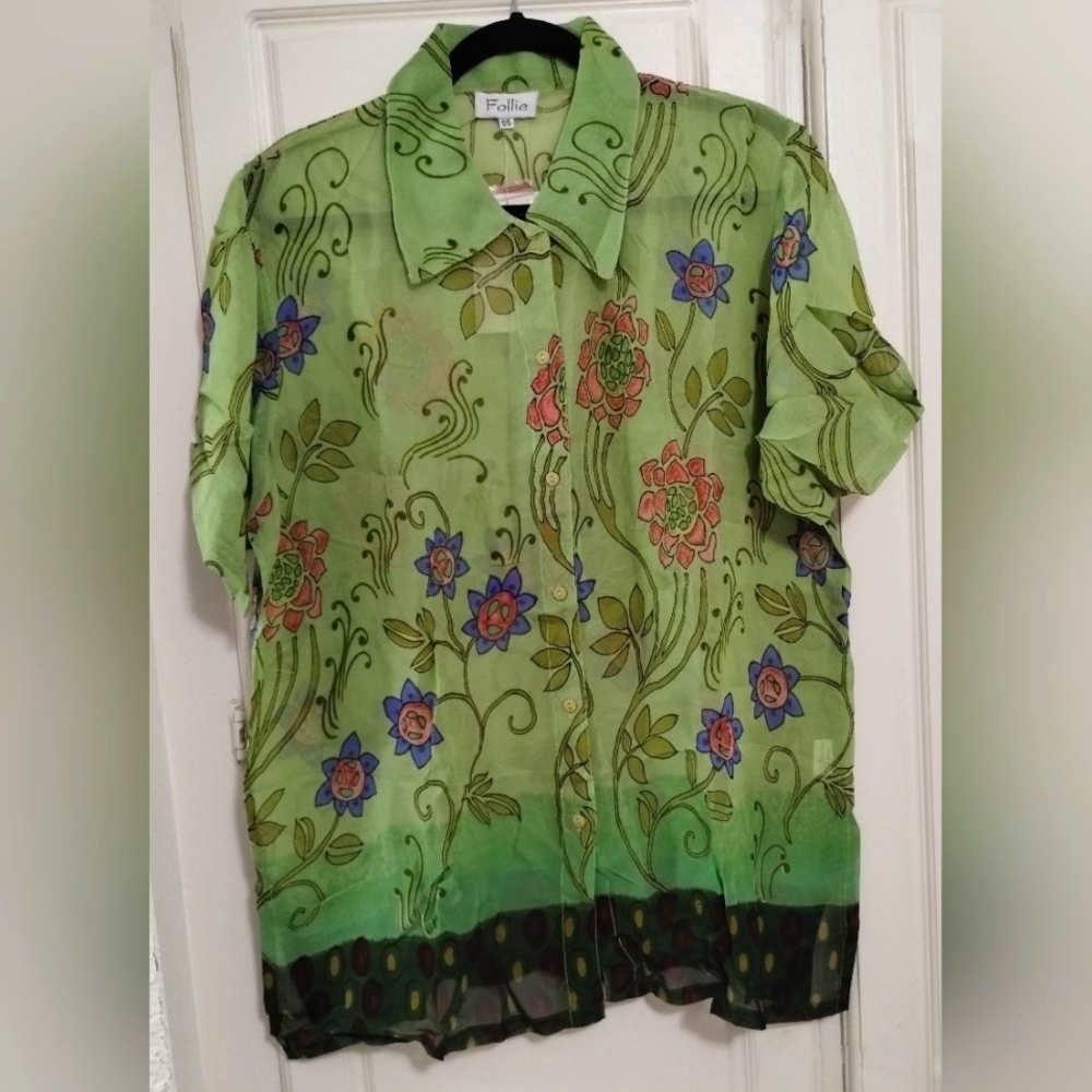 Green Floral Sheer Button-Front Top